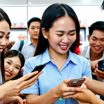 **

Diverse group of Vietnamese people interacting with a modern e-commerce interface on their smartphones. Focus on expressions of satisfaction and engagement. Background should hint at a bustling, digitally connected Vietnam.  Emphasis on personalized experiences.

**
