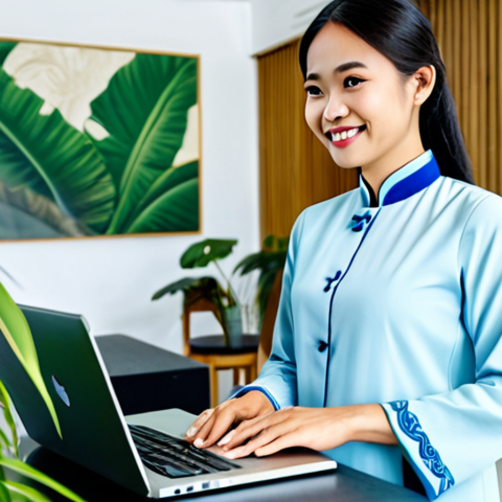**
A young Vietnamese woman, dressed in a modest Ao Dai (traditional Vietnamese dress) with modern accents, fully clothed, standing in a bright, modern co-working space in Ho Chi Minh City. She is smiling confidently while working on a laptop. The background includes lush green plants and contemporary Vietnamese artwork. Safe for work, appropriate content, professional, family-friendly, perfect anatomy, correct proportions, natural pose, well-formed hands, proper finger count, natural body proportions.
**