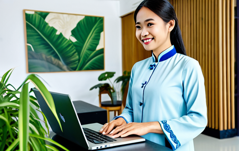**
A young Vietnamese woman, dressed in a modest Ao Dai (traditional Vietnamese dress) with modern accents, fully clothed, standing in a bright, modern co-working space in Ho Chi Minh City. She is smiling confidently while working on a laptop. The background includes lush green plants and contemporary Vietnamese artwork. Safe for work, appropriate content, professional, family-friendly, perfect anatomy, correct proportions, natural pose, well-formed hands, proper finger count, natural body proportions.
**