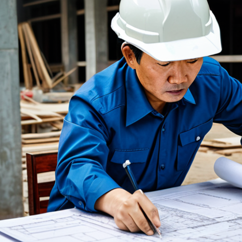 A professional Vietnamese architect, fully clothed in modest office attire, reviewing blueprints on a construction site in Hanoi, safe for work, perfect anatomy, natural proportions, professional photography, high quality.