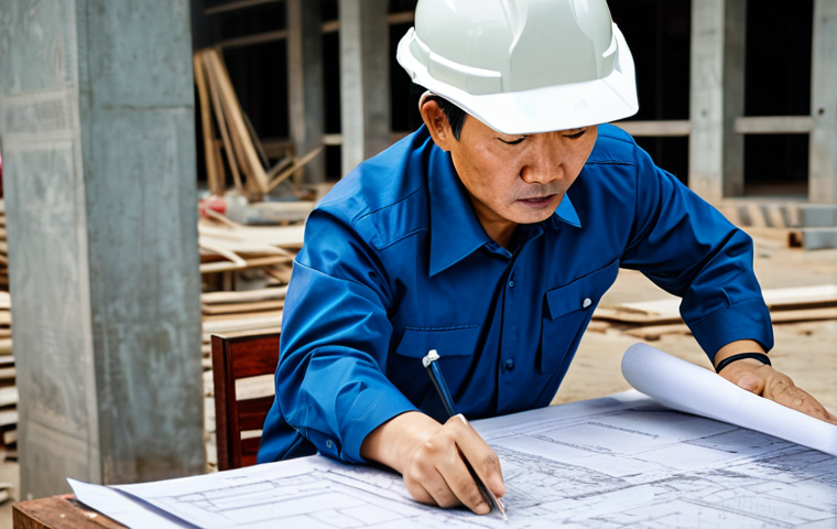 A professional Vietnamese architect, fully clothed in modest office attire, reviewing blueprints on a construction site in Hanoi, safe for work, perfect anatomy, natural proportions, professional photography, high quality.