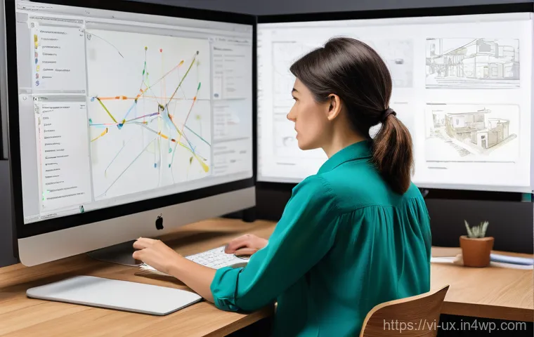 공감 기반 UX 디자인 도구 추천 - "A dynamic visualization of a seamless 'Customer Journey Map' and 'User Flow.' A stylized, gender-ne...