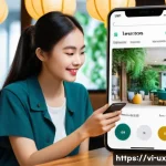 Home 19 공감 기반 UX로 고객 충성도 높이는 방법 - A modern Vietnamese online shopping app interface displayed on a smartphone screen held by a young V...