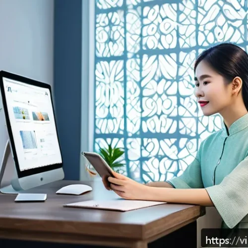 Home 30 UX 설계에서의 비주얼 스토리텔링 - A vibrant UX design workspace featuring a young Vietnamese designer in smart casual attire, sitting ...