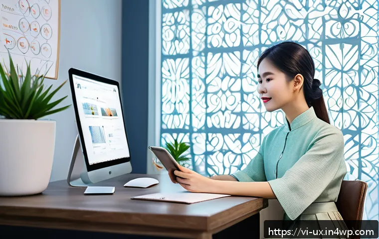 UX 설계에서의 비주얼 스토리텔링 - A vibrant UX design workspace featuring a young Vietnamese designer in smart casual attire, sitting ...