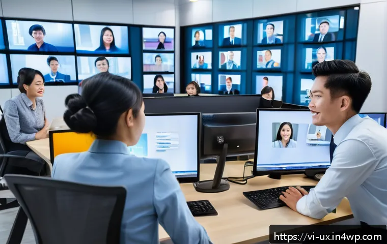 사용자 경험 컨설팅에서의 공감적 접근 - A modern Vietnamese customer service office scene showing a diverse team of professional consultants...